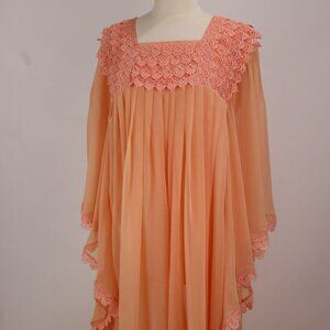 🌺 Vtg Apricot Peach Long Chiffon Lace Caftan Dress Nightgown Lounger Hostess L